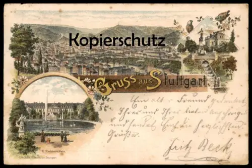 ALTE LITHO POSTKARTE GRUSS AUS STUTTGART GANZSACHE 1896 RESIDENZSCHLOSS EUGENSBRUNNEN Eugens Brunnen Ansichtskarte AK