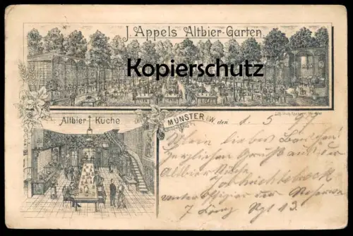 ALTE LITHO POSTKARTE MÜNSTER 1897 J. APPELS ALTBIER GARTEN ALTBIER KÜCHE Appel kitchen cuisine Ansichtskarte postcard