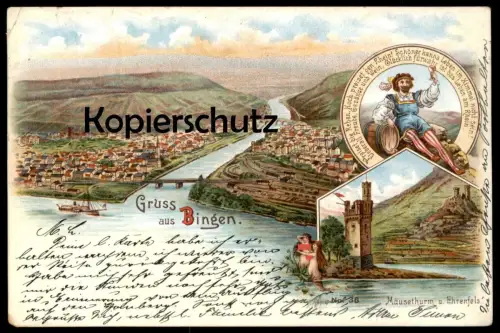 ALTE LITHO POSTKARTE GRUSS AUS BINGEN MÄUSETHURM & EHRENFELS NIXE ondine mermaid Meerjungfrau Brust nude breast postcard