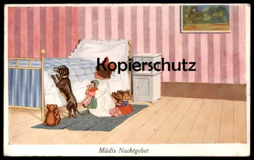 ALTE POSTKARTE MÄDIS NACHTGEBET DACKEL TEDDY teckel basset dachshund ours Kind enfant child Humor humour dog pray prier