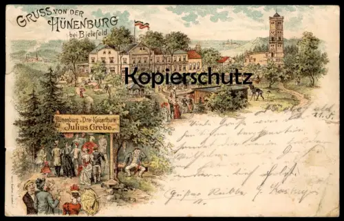 ALTE LITHO POSTKARTE GRUSS VON DER HÜNENBURG BEI BIELEFELD DREI KAISERTHURM JULIUS GREBE Fotograf Karussell photograph