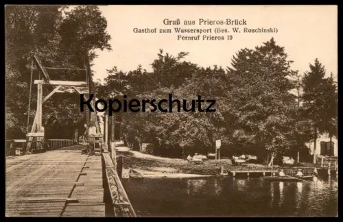 ALTE POSTKARTE GRUSS AUS PRIEROS-BRÜCK GASTHOF ZUM WASSERSPORT BES. W. ROSCHINSKI HEIDESEE Prierosbrück Gräbendorf cpa