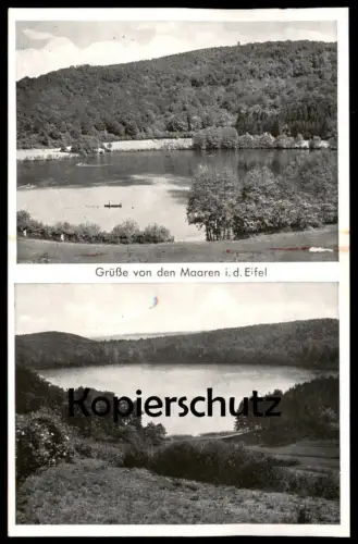 ALTE POSTKARTE GRÜSSE VON DEN MAAREN IN DER EIFEL GEMÜNDER MAAR MIT BADEANSTALT & GILLENFELDER MAAR BEI DAUN AK postcard