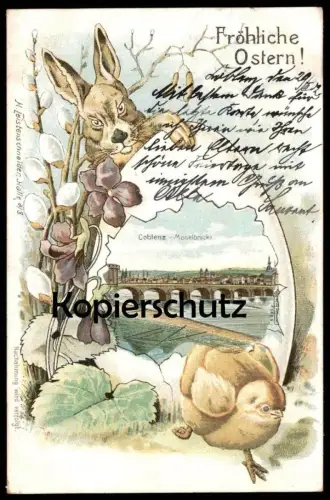 ALTE LITHO POSTKARTE COBLENZ FRÖHLICHE OSTERN MOSELBRÜCKE KOBLENZ HASE KÜKEN easter hare rabbit lièvre paques buck chick