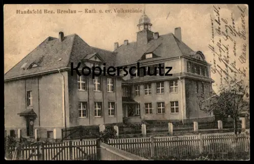 ALTE POSTKARTE HUNDSFELD BEZIRK BRESLAU KATH. & EV. VOLKSSCHULE Psie Pole Wroclaw Brassel Schlesien Ansichtskarte cpa