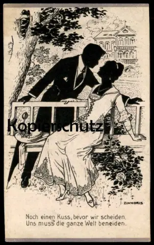 ALTE POSTKARTE ZINNORIS SCHATTENBILD NOCH EIN KUSS BEVOR WIR SCHEIDEN PAAR Couple kiss baiser Silhouette Schattenbilder