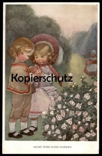 ALTE KÜNSTLER POSTKARTE KEINE ROSE OHNE DORNEN KINDER enfants children couple Blume Flower Fleur Flowers Rosen postcard