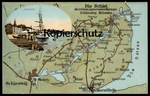 ALTE POSTKARTE KAPPELN SCHLEI DER SCHÖNSTE MEERBUSEN NORDEN BOREN RIESBY BORBY SCHLESWIG ECKERNFÖRDE Landkarte map cpa