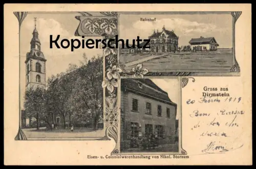 ALTE POSTKARTE GRUSS AUS DIRMSTEIN BAHNHOF COLONIALWARENHANDLUNG STORZUM MAGGI Leiningerland station gare cpa postcard