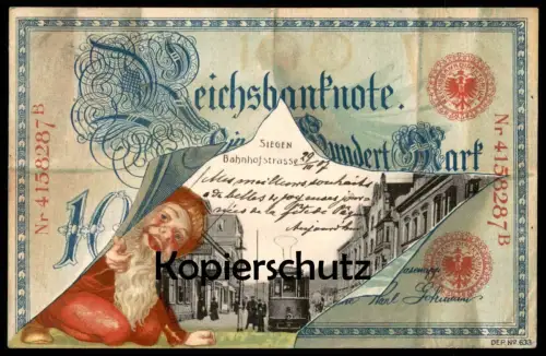 ALTE POSTKARTE SIEGEN BAHNHOFSTRASSE GELDSCHEIN ZWERG 100 MARK REICHSBANK money monnaie billet de banque Geld tramway