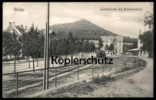 ALTE POSTKARTE GÖRLITZ LANDESKRONE MIT BISMARCKSÄULE STRASSENBAHN tram tramway Bismarck Säule Zgorcelec AK Ansichtskarte