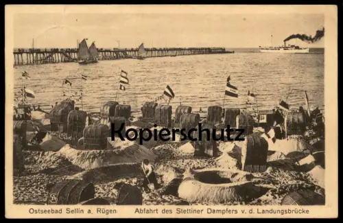 ALTE POSTKARTE SELLIN INSEL RÜGEN ABFAHRT DES STETTINER DAMPFERS Dampfer Stettin steam ship bateau à vapeur AK postcard