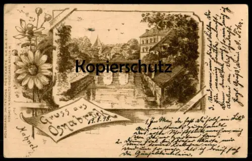 ALTE POSTKARTE GRUSS AUS OSNABRÜCK 1898 HOLZBRAND IMITATION HASE HAHNEL Blumen postcard Ansichtskarte cpa AK