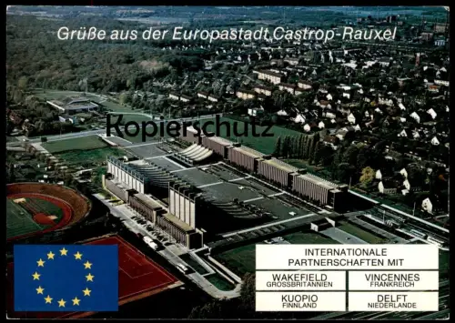 POSTKARTE GRÜSSE AUS DER EUROPASTADT CASTROP-RAUXEL WAKEFIELD VINCENNES KUOPIO DELFT Stadion stade stadium Autobahn cpa