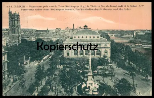 ALTE POSTKARTE PARIS PANORAMA PRIS VERS LA TOUR ST-JACQUES LE THÉÂTRE SARAH-BERNHARDT ET LA SEINE cpa AK postcard