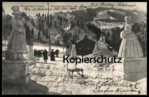 ALTE POSTKARTE WINTERSPORTPLATZ GARMISCH PARTENKIRCHEN SCHNEEFIGUREN Schlitten Eisfigur 1914 cpa postcard Ansichtskarte