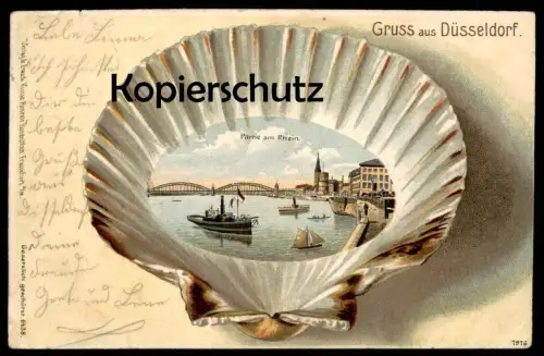 ALTE LITHO PRÄGEPOSTKARTE GRUSS AUS DÜSSELDORF PARTIE AM RHEIN MUSCHEL shell coquillage cpa postcard AK Ansichtskarte