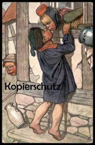 ALTE POSTKARTE KINDER KUSS EIFERSUCHT HESSISCHE TRACHT Hessen 1914 enfants children kiss traditional costume postcard