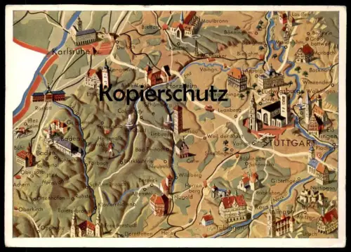ALTE POSTKARTE STUTTGART NÖRDLICHER SCHWARZWALD LANDKARTE map Horb Tübingen Iffezheim Lauffen Marbach Pforzheim Rastatt