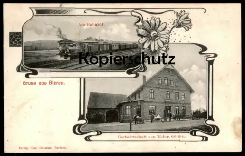 ALTE POSTKARTE GRUSS AUS BIEREN BAHNHOF LOKOMOTIVE DAMPFLOK GASTHOF SCHÜTTE steam train locomotive à vapeur station gare