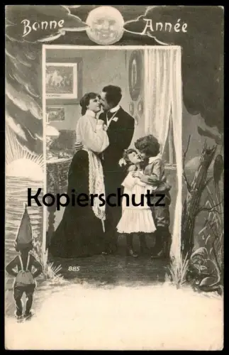 ALTE POSTKARTE BONNE ANNÉE KINDER KUSS Zwerg nain dwarf Paar couple enfants children Mond moon kiss cpa postcard AK
