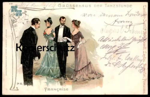 ALTE LITHO POSTKARTE TANZLEHR-INSTITUT WIEANDT LANDAU ANNWEILER PIRMASENS GRUSS AUS DER TANZSTUNDE dancing Tanz cpa AK