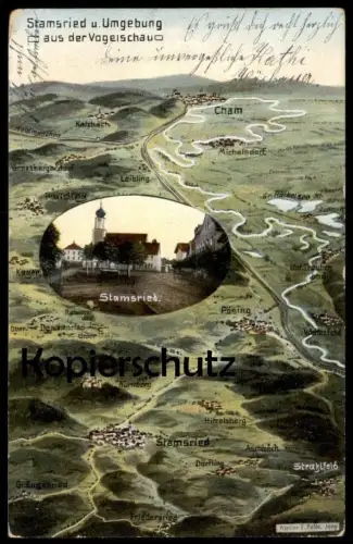 ALTE POSTKARTE STAMSRIED UND UMGEBUNG AUS DER VOGELSCHAU EUGEN FELLE PÖSING CHAM LOIBLING STRAHLFELD Ansichtskarte