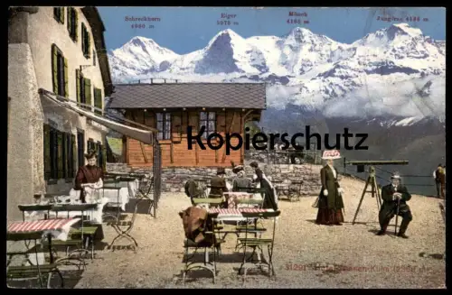 ALTE POSTKARTE HOTEL NIESEN-KULM FRAU AM FERNROHR SCHRECKHORN EIGER MÖNCH JUNGFRAU telescope Ansichtskarte cpa postcard