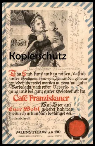 ALTE PRÄGE POSTKARTE CAFÉ FRANZISKANER MÜNSTER MÜNCHNER KINDL Bier beer cpa postcard AK Ansichtskarte
