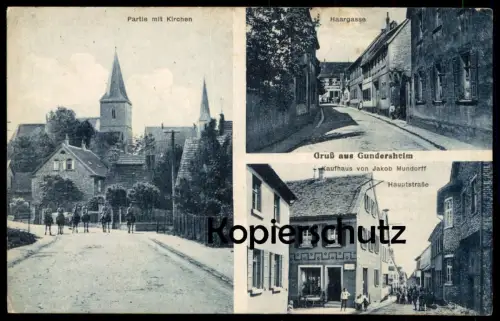 ALTE POSTKARTE GRUSS AUS GUNDERSHEIM HAARGASSE KAUFHAUS VON JAKOB MUNDORFF HAUPTSTRASSE Pferde horses postcard Wonnegau