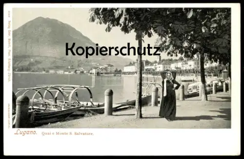 ALTE POSTKARTE LUGANO QUAI E MONTE S. SALVATORE FRAU MIT KIEPE TRACHT traditional Boot boat cpa postcard Ansichtskarte