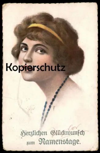 ALTE POSTKARTE HERZLICHEN GLÜCKWUNSCH ZUM NAMENSTAGE FRAU HALSKETTE women femme Verlag American Girls cpa postcard AK