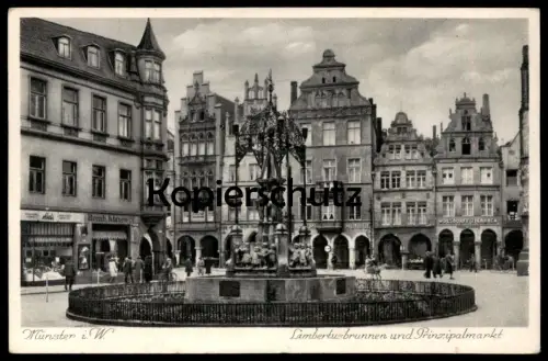 ALTE POSTKARTE MÜNSTER I. W. LAMBERTUSBRUNNEN UND PRINZIPALMARKT ABELS KLUXEN AK Ansichtskarte cpa postcard