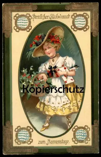 ALTE PRÄGE POSTKARTE HERZLICHEN GLÜCKWUNSCH ZUM NAMENSTAGE MÄDCHEN MIT HUT VERGOLDET ILEX Namenstag AK cpa postcard