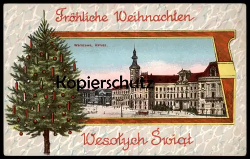 ALTE POSTKARTE WARSZAWA WESOTYCH SWIAT RATUSZ WARSCHAU FRÖHLICHE WEIHNACHTEN Tannenbaum Christbaum Tanne cpa postcard AK