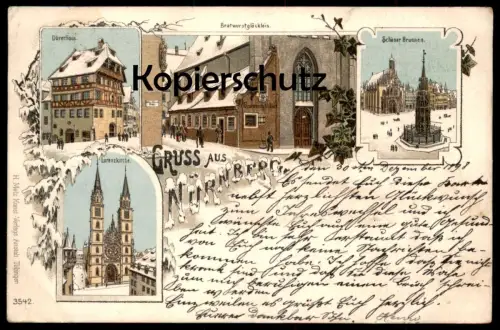 ALTE WINTER LITHO POSTKARTE GRUSS AUS NÜRNBERG SCHÖNER BRUNNEN DÜRERHAUS LORENZKIRCHE BRATWURSTGLÖCKLEIN cpa postcard