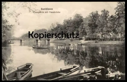 ALTE POSTKARTE GUMBINNEN FLUSSPARTIE MIT PISSABRÜCKE BOOTE GUSSEW GOESEV RUSSIA Russland cpa postcard AK Ansichtskarte