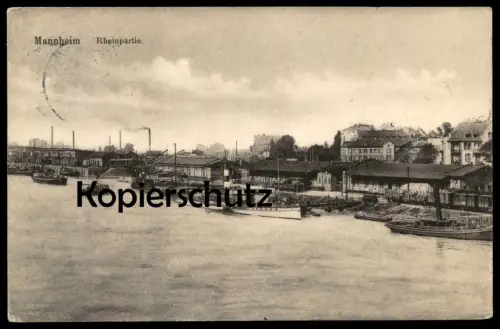 ALTE POSTKARTE MANNHEIM RHEINPARTIE FRACHTSCHIFF WAGGON EISENBAHN Zug Schiff Rhein Dampfer Hafen Ansichtskarte postcard