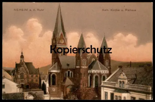 ALTE POSTKARTE NEHEIM AN DER RUHR KATHOLISCHE KIRCHE UND RATHAUS ARNSBERG cpa postcard Ansichtskarte AK
