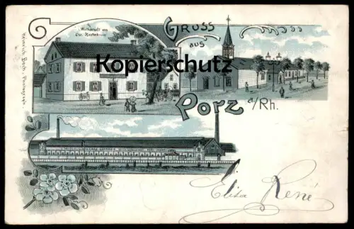 ALTE LITHO POSTKARTE GRUSS AUS PORZ AM RHEIN WIRTSCHAFT VON CHR. HACKENBROICH Köln Ansichtskarte postcard AK cpa