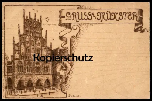 ALTE POSTKARTE GRUSS AUS MÜNSTER RATHHAUS Rathaus Holzbrandmalerei Holzbrand-Imitation sign. Hahnel AK Ansichtskarte