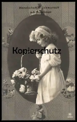 ALTE POSTKARTE HERZLICHEN GLÜCKWUNSCH ZUM NAMENSTAGE MÄDCHEN KIND ALTE TAPETE MIT GANS HUND HÜHNER cpa postcard