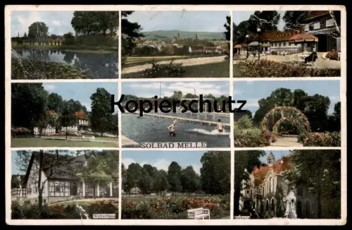 ALTE POSTKARTE SOLBAD MELLE 1942 RATHAUS WEBERHAUS RATHAUS BAD SCHWIMMBAD PANORAMA AK Ansichtskarte cpa postcard