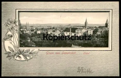 ALTE JUGENDSTIL POSTKARTE GRUSS AUS OSNABRÜCK TOTAL Panorama Gesamtansicht Totalansicht Ansichtskarte AK cpa postcard