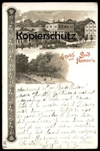 ALTE LITHO POSTKARTE GRUSS AUS HAMM I. W. KURHAUS LINDENALLEE ZUM KURHAUS Ansichtskarte cpa postcard AK