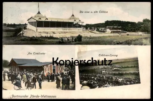 ALTE POSTKARTE DORTMUNDER PFERDE-WETTRENNEN AM TOTALISATOR TRIBÜNEN-SPRUNG DIE NEUE U. ALTE BÜHNE Dortmund horse race