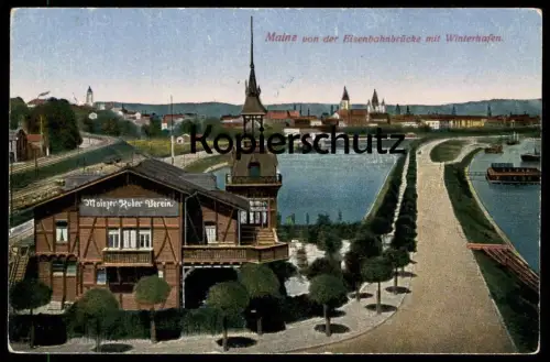 ALTE POSTKARTE MAINZ VON DER EISENBAHNBRÜCKE MIT WINTERHAFEN MAINZER RUDERVEREIN cpa AK Ansichtskarte postcard