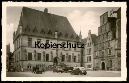 ALTE POSTKARTE OSNABRÜCK RATHAUS AUTOS AUTO OLDTIMER PKW MIT ANHÄNGER DKW FA 600 Ansichtskarte AK cpa postcard