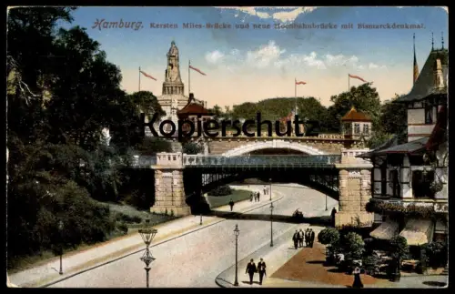 ALTE POSTKARTE HAMBURG KERSTEN MILES-BRÜCKE UND NEUE HOCHBAHNBRÜCKE MIT BISMARCKDENKMAL Ansichtskarte postcard AK cpa