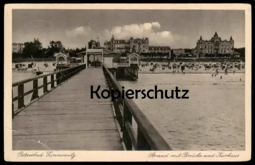 ALTE POSTKARTE OSTSEEBAD ZINNOWITZ 1932 STRAND MIT BRÜCKE UND KURHAUS USEDOM cpa postcard AK Ansichtskarte